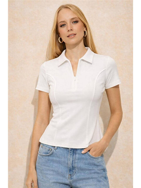 Fashion Friends Pamuklu Fermuarlı Polo Yaka Kadın T Shirt 26Y0332K1