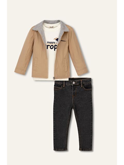 MİNİNİO Erkek Çocuk Fermuarlı Yağmurluk Detaylı Üçlü Takım - Bej