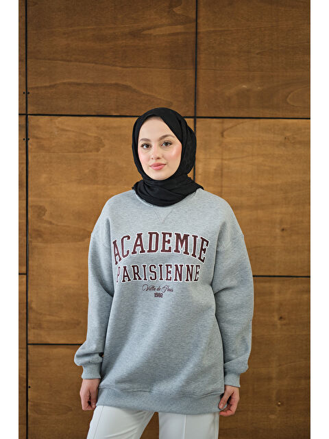 Locco Moda Kadın Yazı Baskılı Nakış İşlemeli Oversize Sweat Koyu Gri - S000494471-29351