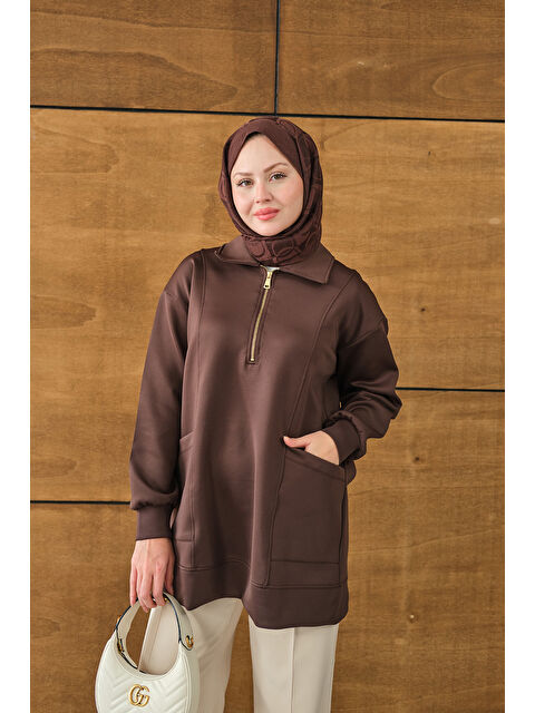 Locco Moda Kadın Cep Ve Yaka Detay Yarım Fermuarlı Sweat Kahverengi - S000494470-19413