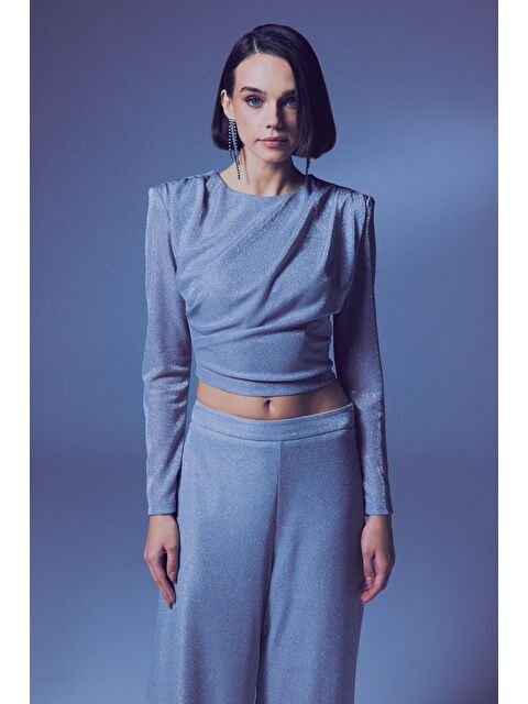 SATEEN Vatkalı Simli Bluz - Gümüş - S000338591-18105