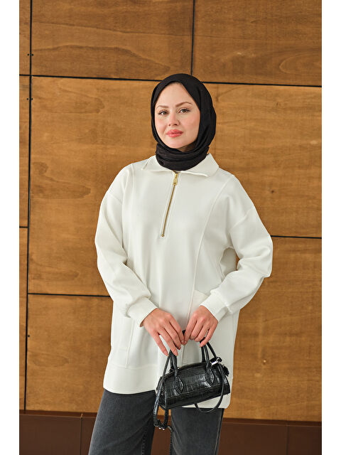 Locco Moda Kadın Cep Ve Yaka Detay Yarım Fermuarlı Sweat Beyaz - S000494470-20063