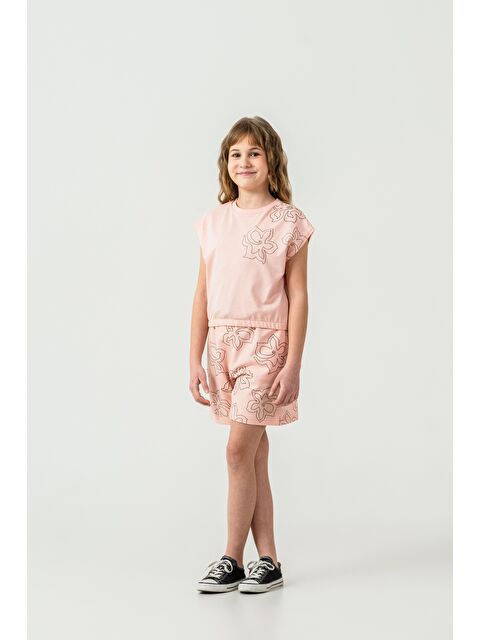 Mışıl Kids Üst Sol Omuz Baskılı Alt Tüm Alan Baskılı Kız Çocuk Şort - Tişört Takımı - S000513747-20024