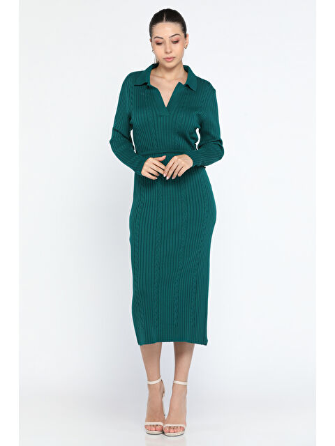 Gülseli Kadın Polo Yaka Bel Bağlamalı Uzun Triko Elbise - S000299584-20019