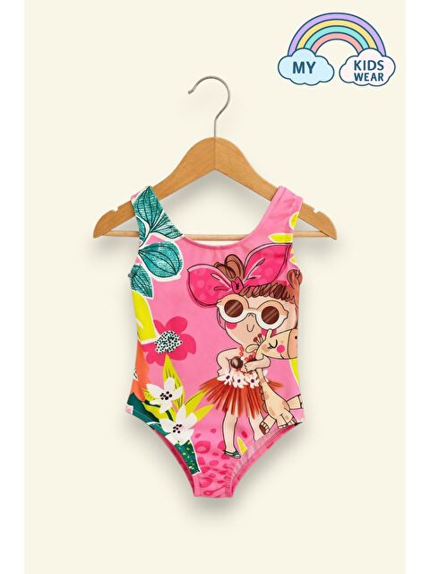 My Kids Wear Kız Çocuk Pembe Tropikal Desenli Sevimli Kız Figürlü Mayo 12688