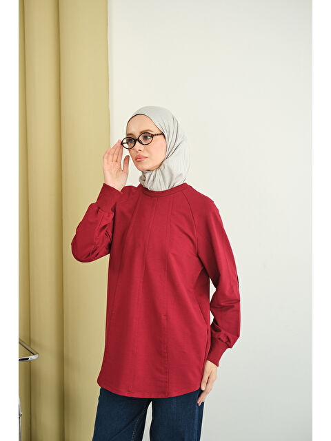 Locco Moda Kadın Dikiş Detaylı Bisiklet Yaka Sweat Bordo - S000494467-19951