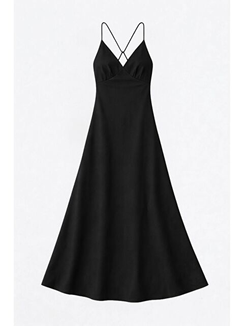 QUZU Çapraz İp Askılı V Yaka Uzun Elbise Siyah