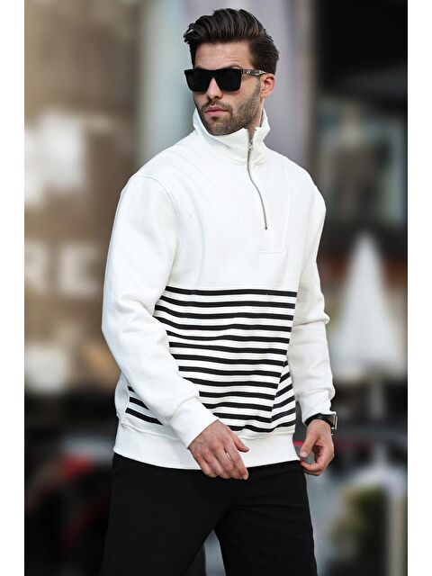 Madmext Ekru Fermuar Yakalı Çizgili Sweatshirt 7056 - S000241213-19965
