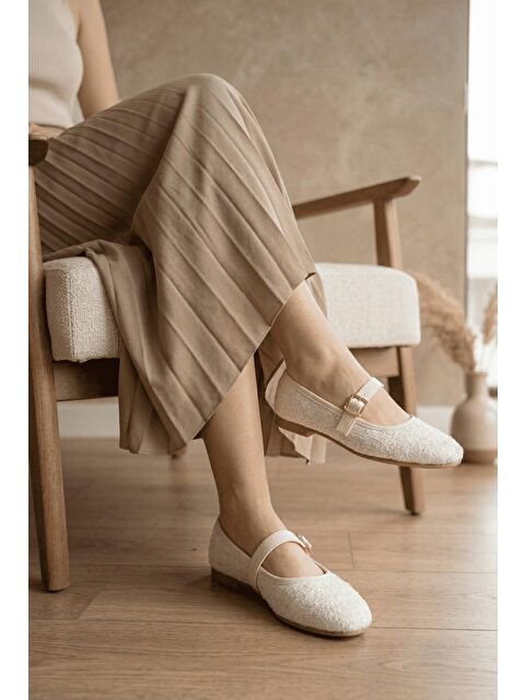 Oksit Tweed Dokulu Mary Jane Babet - Klasik Tokalı Zarif Ayakkabı