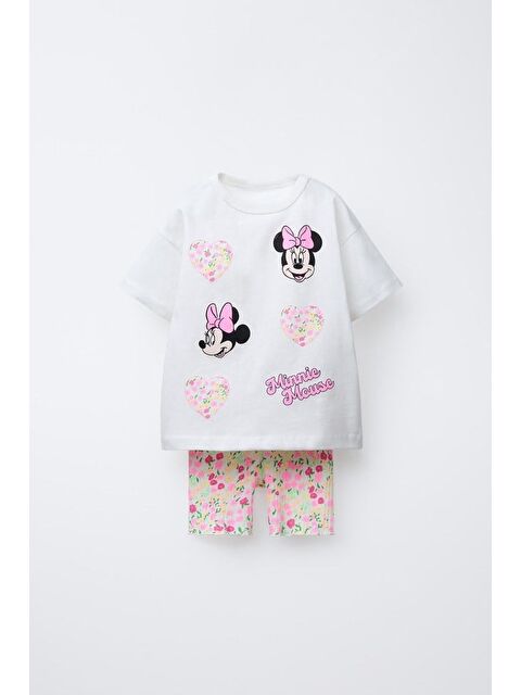 Magu Kız Çocuk Pamuklu Beyaz Kalp Ve Fiyonklu Fare Baskılı T-Shirt Şort Takım