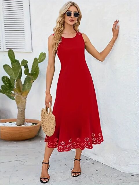 Jane's Kadın Kolsuz Etek Ucu Lazer Kesim çiçek Desenli Midi Boy Ithal Krep Elbise - S000527676-20045