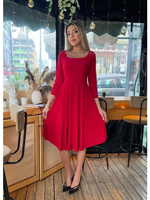 Jane's Kadın Kare Yaka Truvakar Kol Fırsat ürün Midi Boy Elbise - S000527675-20045