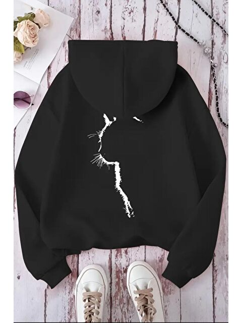 Oksit Siluet Kedi Sırt Baskılı İçi Pamuklu Unisex Sweatshirt - S000468855-19351