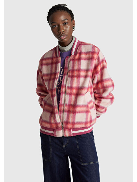 United Colors Of Benetton Kadın Kırmızı Ekoseli Yün ve Viskoz Karışımlı Desenli Fermuarlı Ceket