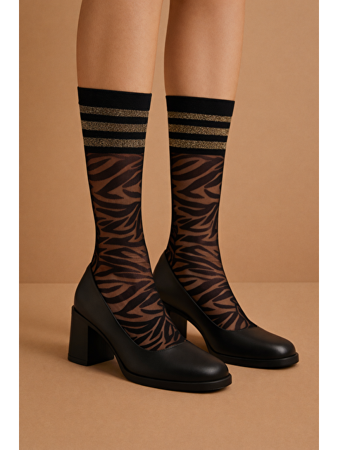 Katia And Bony Kadın Zebra Desenli İnce Soket Çorap Siyah/Silver