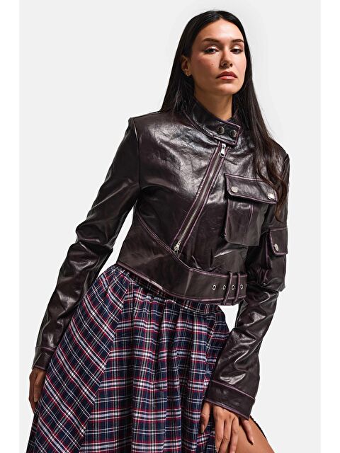 It's Basic Kadın Bordo Kahve w5 Kemer Detaylı Özel Tasarım Deri Ceket - S000521266-19413