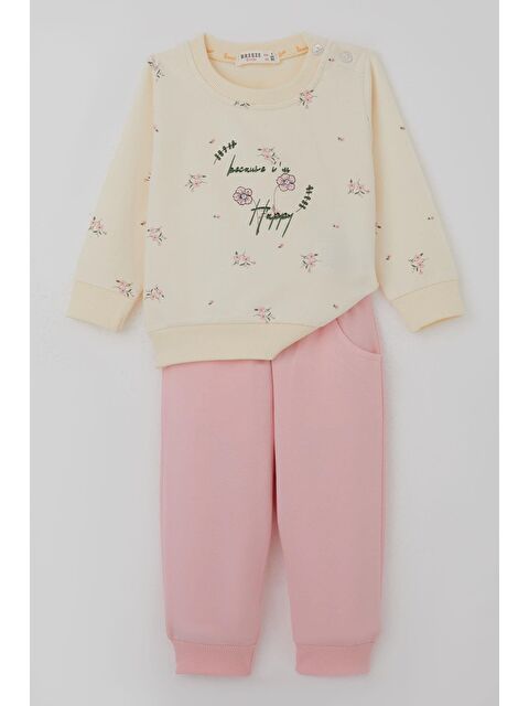 Breeze Kız Bebek Eşofman Takımı Pembe Çiçek Desenli Krem (6 Ay-2 Yaş)