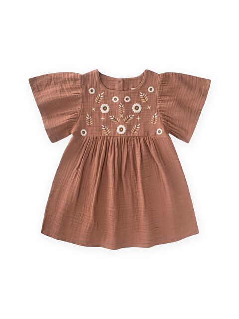 CİGİT Çiçek Nakışlı Kelebek Kol Elbise 2-8 Yaş Açık Kahve