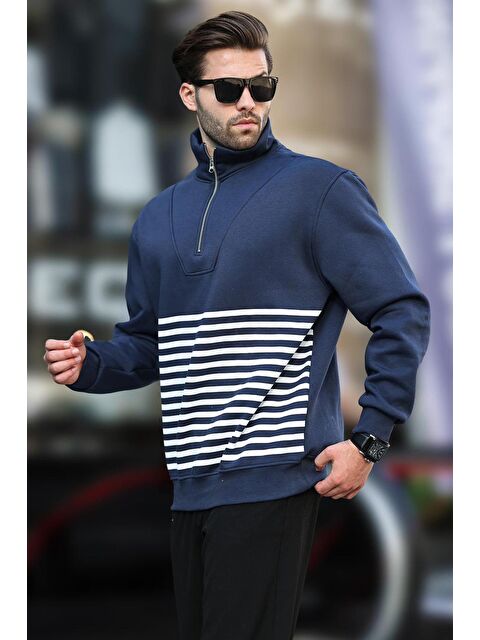 Madmext Lacivert Fermuar Yakalı Çizgili Sweatshirt 7056 - S000241213-21164