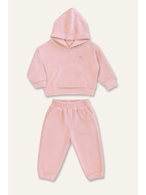 MİNİNİO Unisex Çocuk Kapüşonlu Kanguru Cepli Polar İkili Takım - Pembe