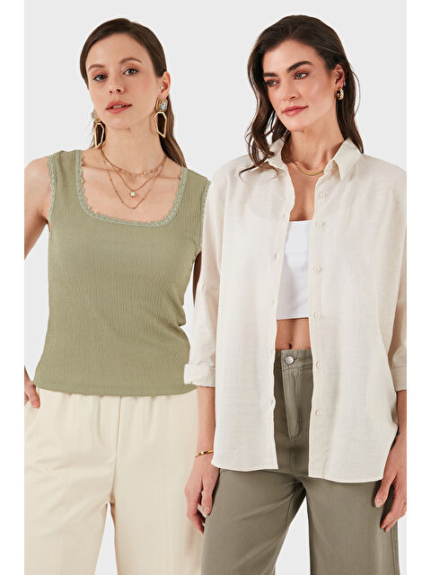Lela Streç Pamuklu Oversize Fit 2' li Paket Gömlek-Atlet Set 67810014979S2 - S000425063-37220