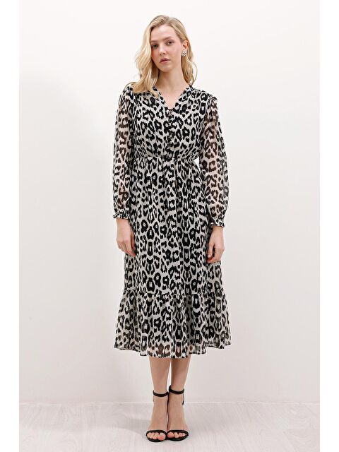 Bigdart 2137 Desenli Şifon Elbise - A.Bej