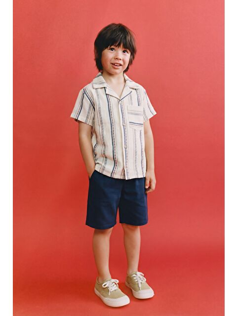 Magu Erkek Çocuk Pamuklu Lacivert Çizgili Gömlek Şort Takım