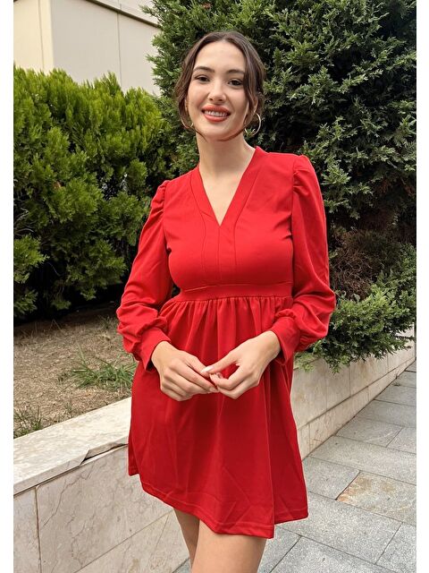 Jane's Kadın Uzun Kollu V Yaka Belden Hafif Pileli Scuba Krep Mini Boy Elbise - S000527682-20045