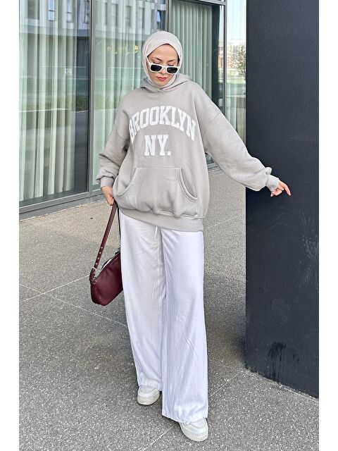 Lamelif Brooklyn Baskılı Üç İplik Sweat Gri - S000518002-20600