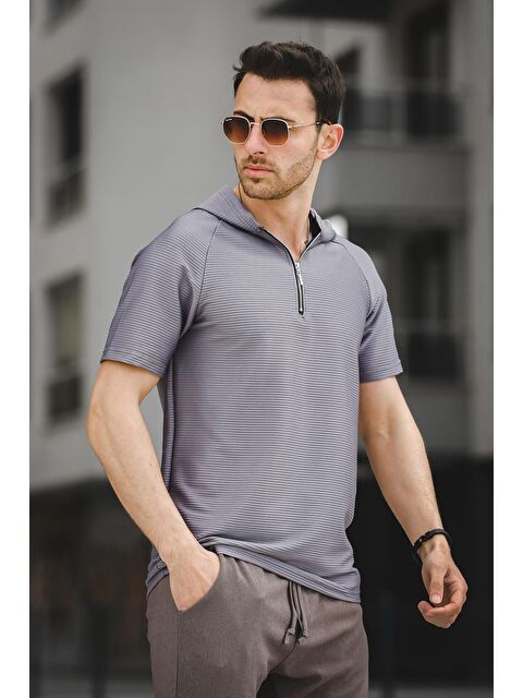 Oksit Allard Ottoman Kumaş Slim Fit Fermuarlı Kapüşonlu Erkek Tişört - S000127999-29666