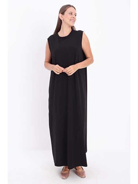 ALLDAY Siyah-Büyük Beden Pamuklu Bisiklet Yaka Kolsuz Elastanlı İçlik Elbise - S000501492-19351