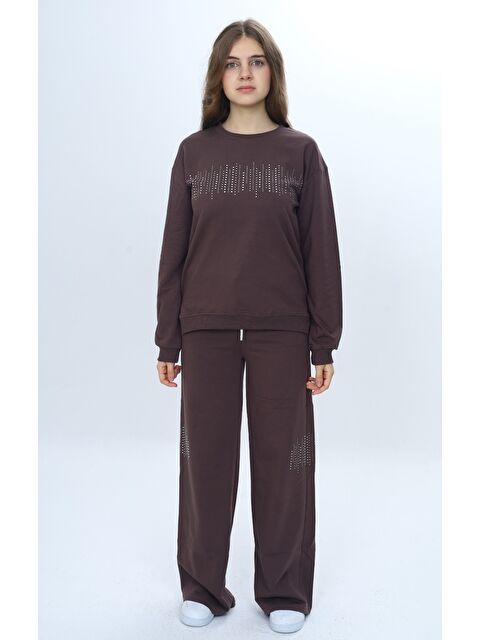 Toontoykids Kız Çocuk 2'li Takım Taş İşlemeli & Bisiklet Yaka Sweatshirt & Bol Paça Cepli Eşofman Altı - S000488577-19413