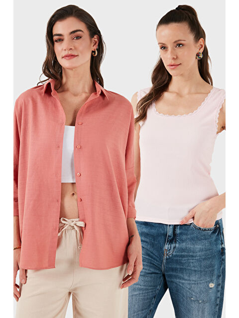 Lela Streç Pamuklu Oversize Fit 2' li Paket Gömlek-Atlet Set 67810014979S2 - S000425063-2493