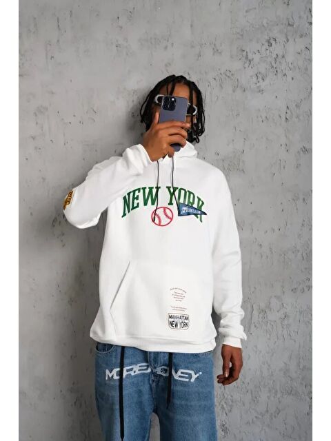 Jane's Erkek Baskılı Kapüşonlu Sweatshirt - Beyaz