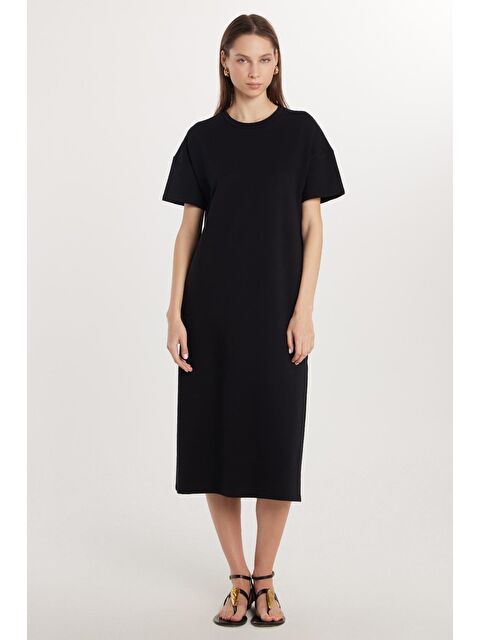 TUDORS Kadın Regular Fit Kısa Kollu Esnek Kumaş Cepli Bisiklet Yaka Siyah Elbise - S000520443-19351