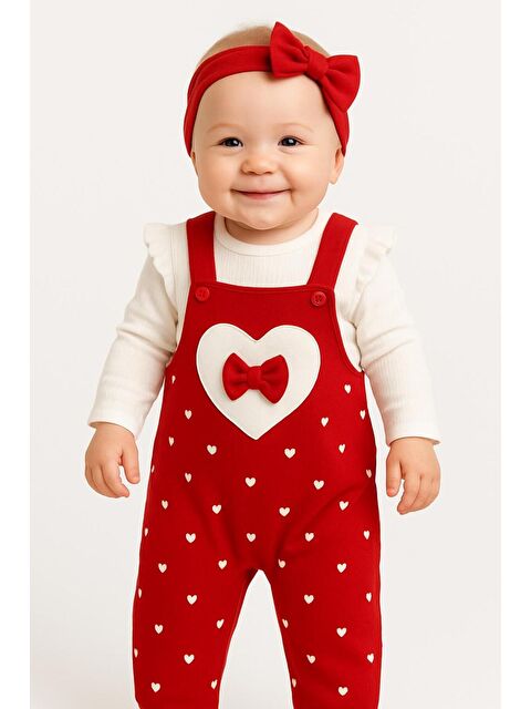 Kidex's Kız Bebek Kalpli Fiyonk Detaylı Askılı Tulum Takım