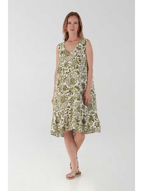 Fullamoda Şal Desenli V Yaka Pileli Salaş Elbise - S000388838-18547