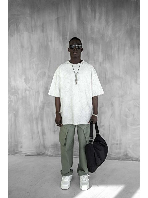 Abluka Online Erkek Desenli Waffle Kumaş Yıkamalı Oversize Tişört Ekru - S000365679-19965