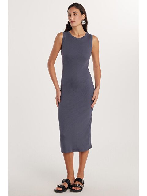 TUDORS Kadın Slim Fit Dar Kesim Modal Bisiklet Yaka Sıfır Kol Maxi Antrasit Elbise - S000520447-29666