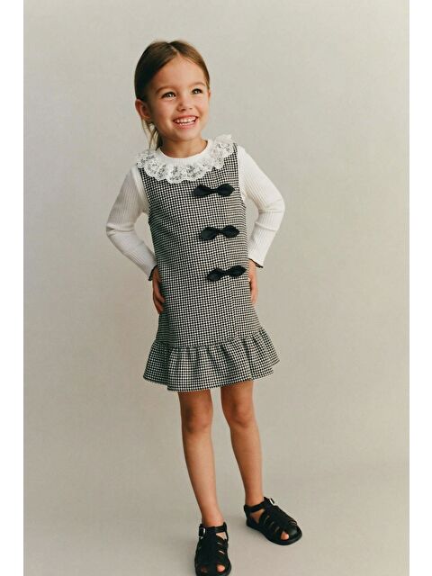 Magu Kız Çocuk Pamuklu Siyah Kazayağı Desenli Dantel Yaka Elbise - S000521273-23173
