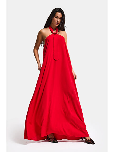 It's Basic Kadın Kırmız Renk Bol Kesim Kravat Detaylı Boyundan Bağlamalı Tasarım Elbise - S000513475-20045