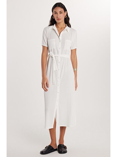 TUDORS Kadın Regular Fit Uzun Kollu Klasik Yaka Düğmeli Beyaz Elbise - S000520450-19965