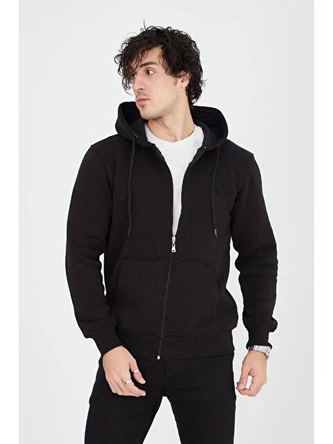 Jane's Erkek Kapüşonlu Düz Fermuarlı Hırka - Siyah