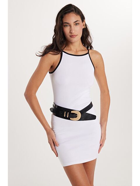 TUDORS Kadın Slim Fit Dar Kesim İnce Askılı Halter Yaka Mini Beyaz Elbise - S000520456-20063