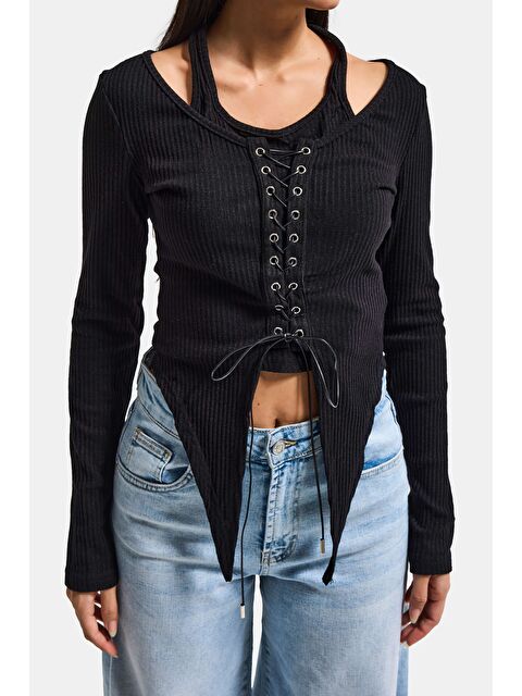 It's Basic Kadın Siyah w5 Asimetrik Kesim Özel Tasarım Crop Top - S000521274-19351