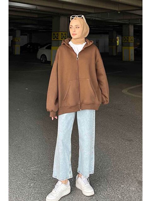 Lamelif Kapüşonlu Oversize Yan Cepli Sweat Acı Kahverengi - S000517857-28102