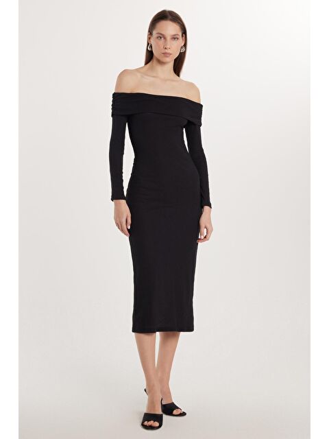 TUDORS Kadın Slim Fit Dar Kesim Uzun Kollu Straplez Siyah Elbise - S000520457-19351