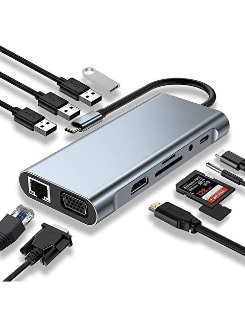 Technow Type-c To Hdmı Rj45 Type-c Sd Kart Usb 3.0 X 2 Vga Macbook 11in1 Çevirici Adaptör - S000463687-5266