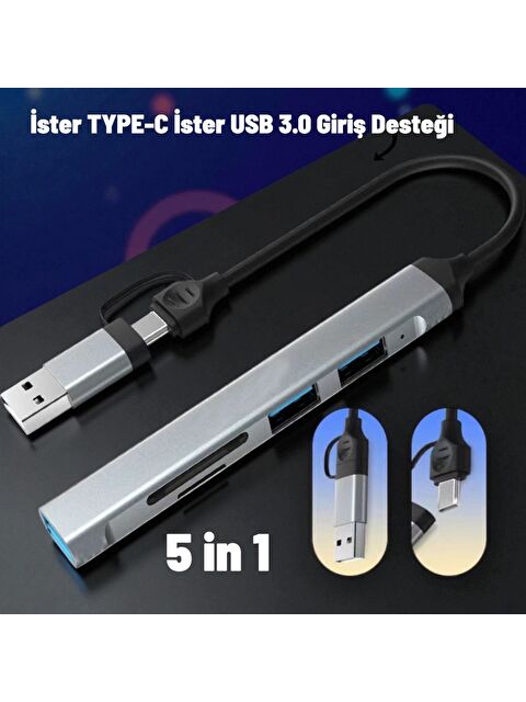 Technow USB 3.0/USB 2.0/SD/TF Girişli 5 in 1 Tip-C Çevirici Adaptörü - S000463688-5266