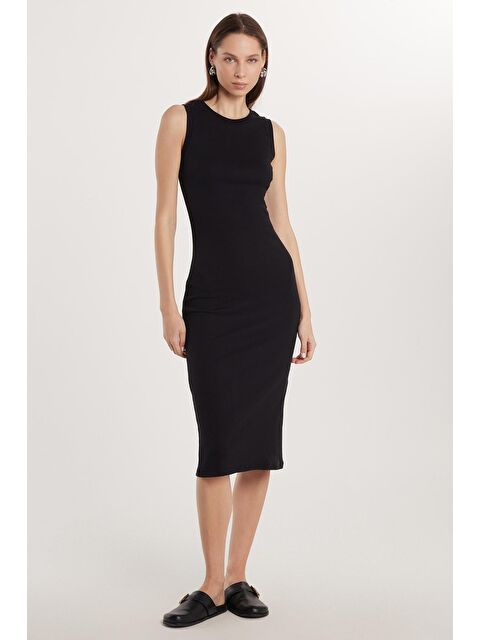 TUDORS Kadın Slim Fit Dar Kesim Modal Bisiklet Yaka Sıfır Kol Maxi Siyah Elbise - S000520463-19351